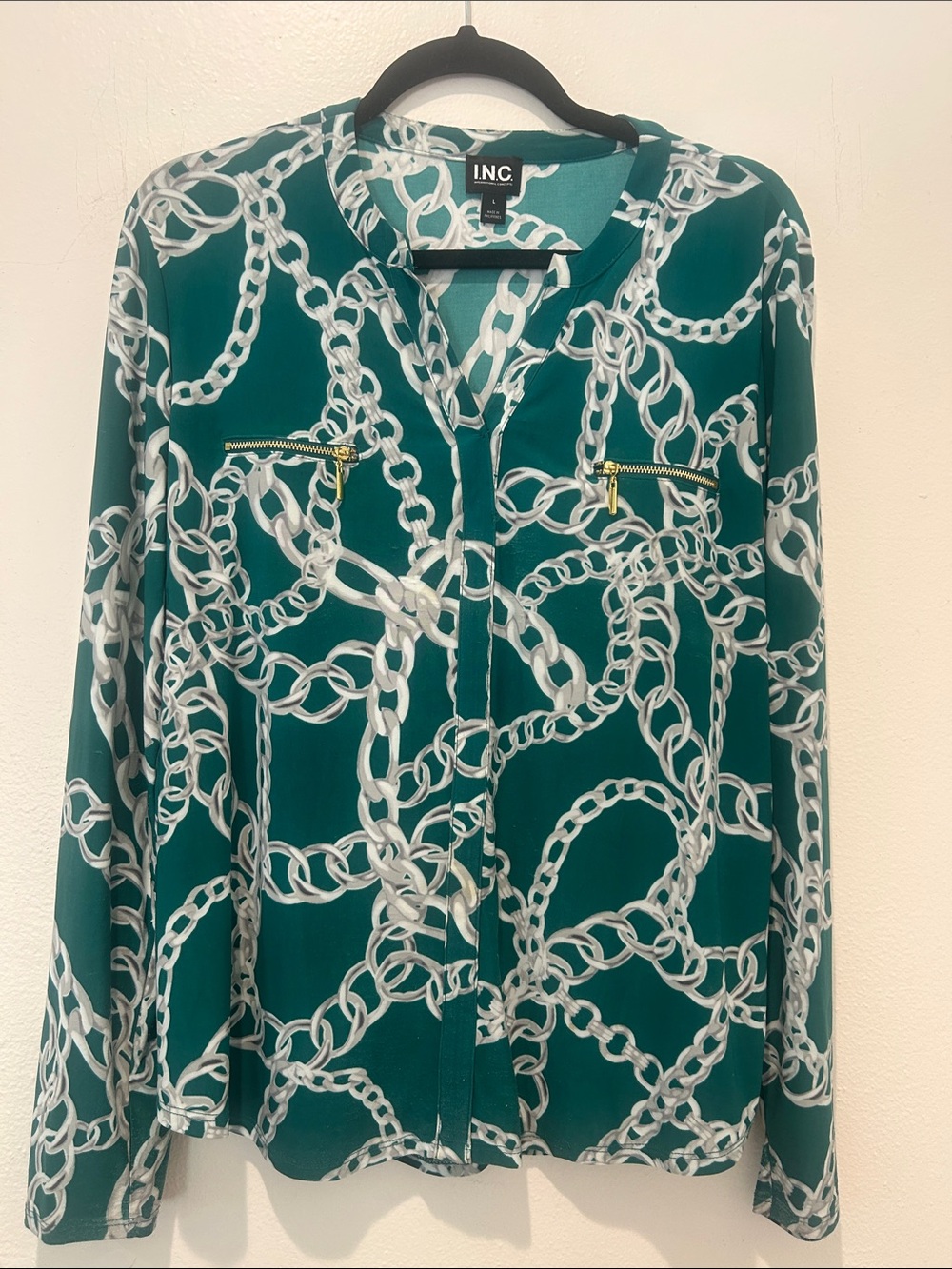INC International Concepts Teal Chain-Print Blouse with Gold Zippers
